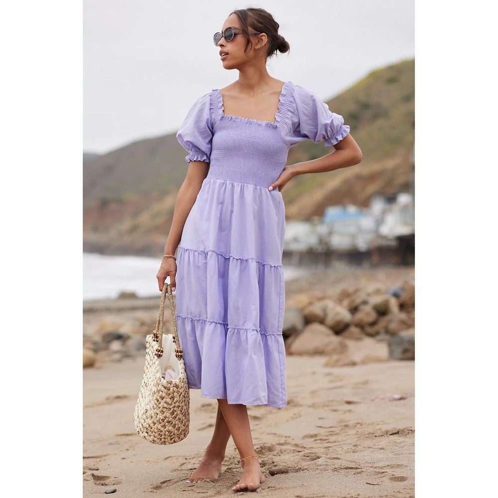 Peixoto Coco Cotton Midi Dress Size Small Purple Smocked Puff Sleeve Cottagecore
